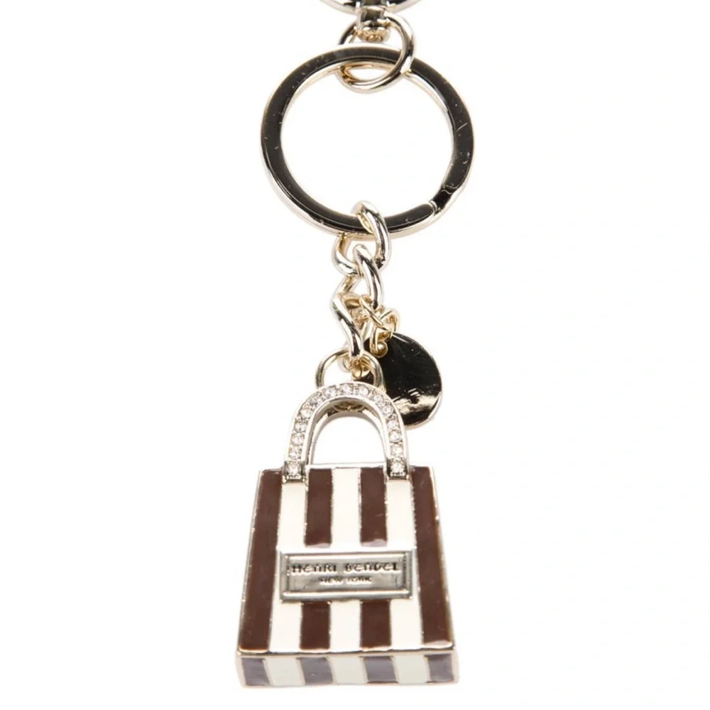 New Henri Bendel centennial stripe Shopping Bag Keychain Swarovski Crystals RARE